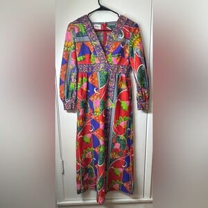 Vintage 1970s Tori Richard Honolulu Floral Colorful Long Sleeve Midi Dress Small